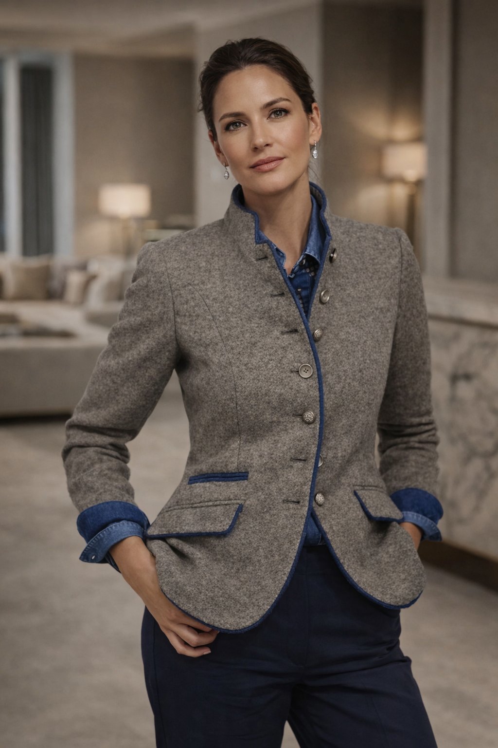 Janiece - Dames Blazer met Contrasterende Blauwe Bies en Opstaande Kraag