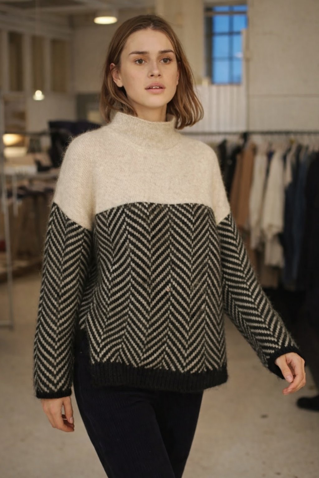 Rosamaria - Dames Trui met Visgraatpatroon en Tweekleurig Design