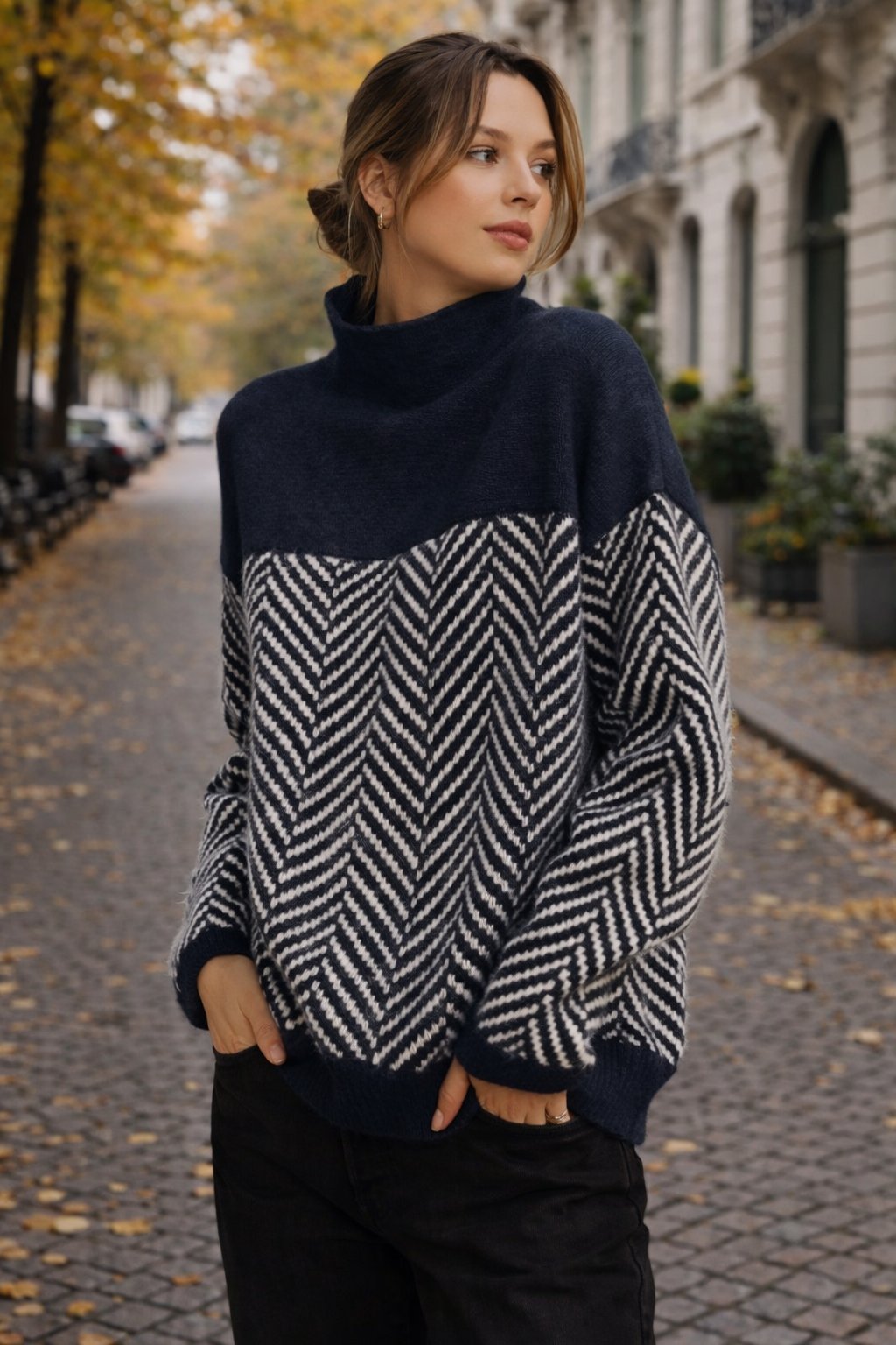 Rosamaria - Dames Trui met Visgraatpatroon en Tweekleurig Design