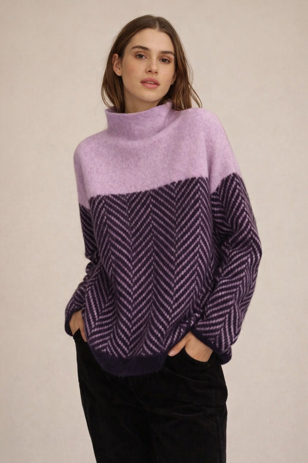 Rosamaria - Dames Trui met Visgraatpatroon en Tweekleurig Design