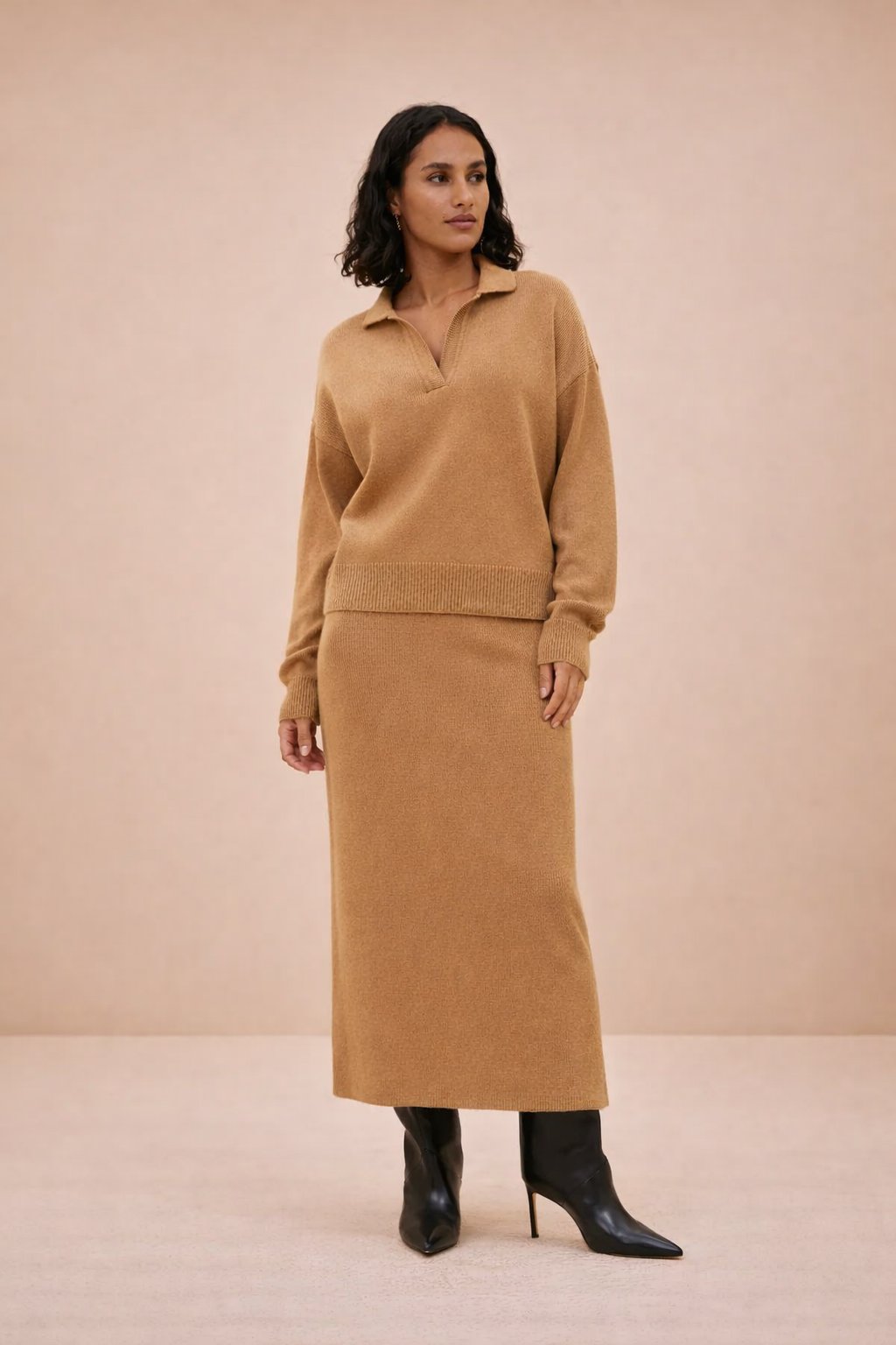 Evelina - Dames Gebreide Set met Kraag Trui en Maxi Rok