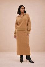Evelina - Dames Gebreide Set met Kraag Trui en Maxi Rok