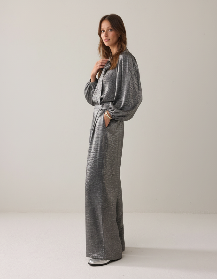 Leslie - Vrouwen Metallic Strikblouse & Volumineuze Mouwen Bijpassende Set