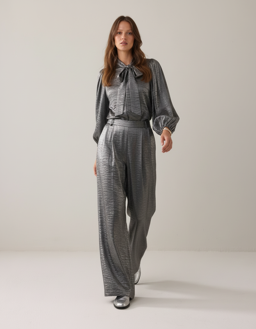 Leslie - Vrouwen Metallic Strikblouse & Volumineuze Mouwen Bijpassende Set