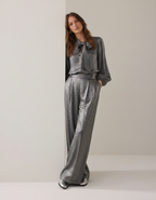 Leslie - Vrouwen Metallic Strikblouse & Volumineuze Mouwen Bijpassende Set