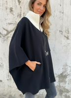 Michaela - Vrouwen Contrasterende Zwarte Kraag Ritsdetail Poncho