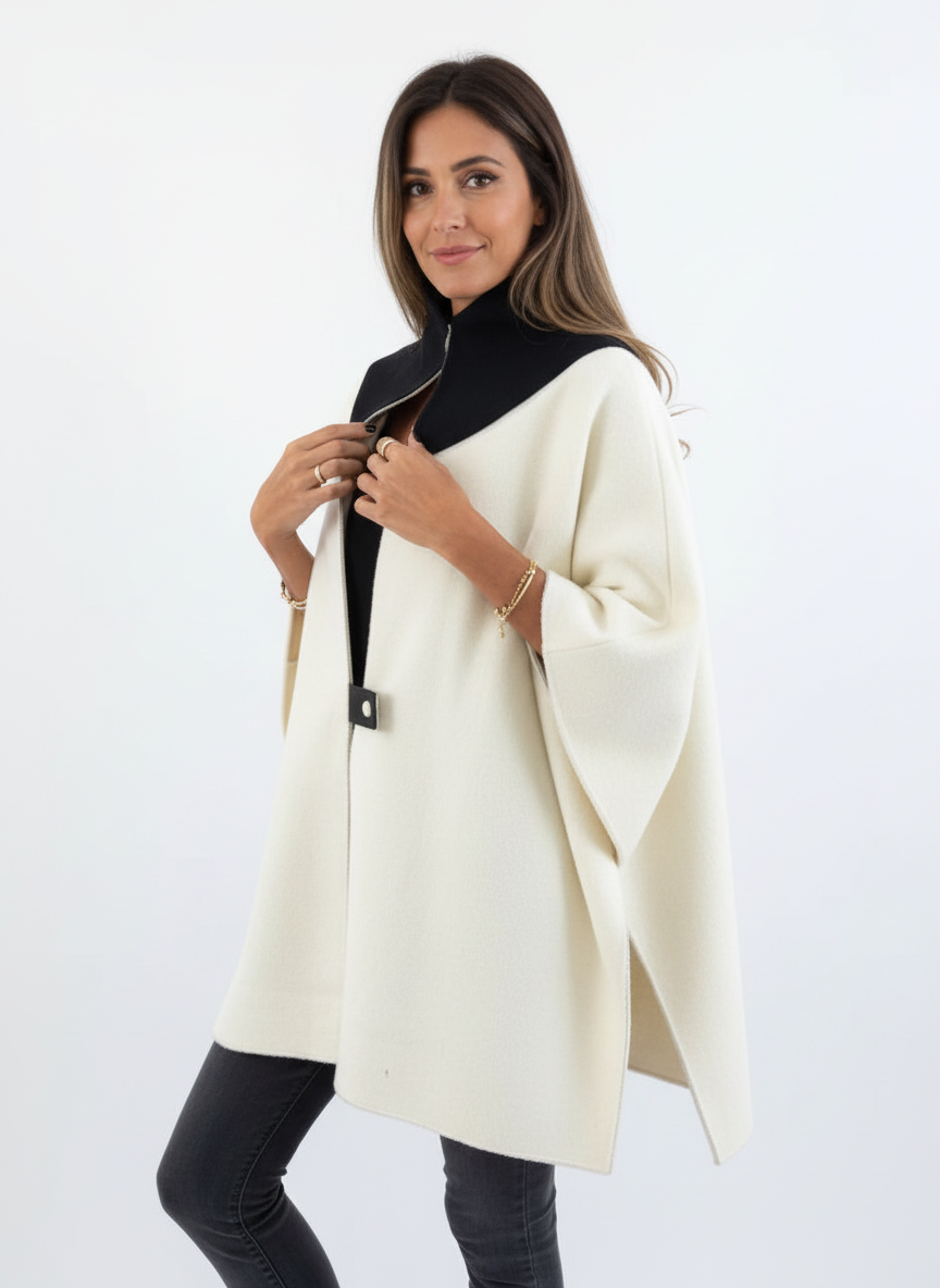 Michaela - Vrouwen Contrasterende Zwarte Kraag Ritsdetail Poncho