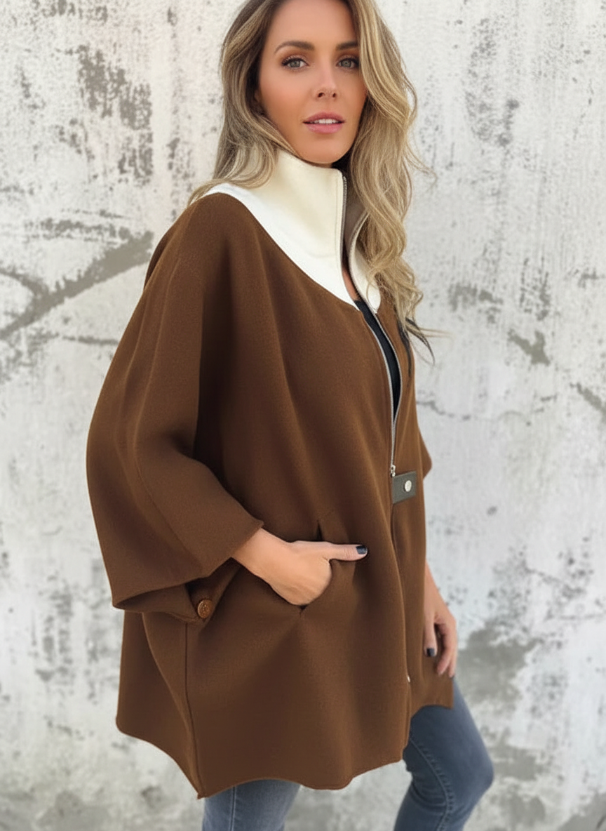 Michaela - Vrouwen Contrasterende Zwarte Kraag Ritsdetail Poncho