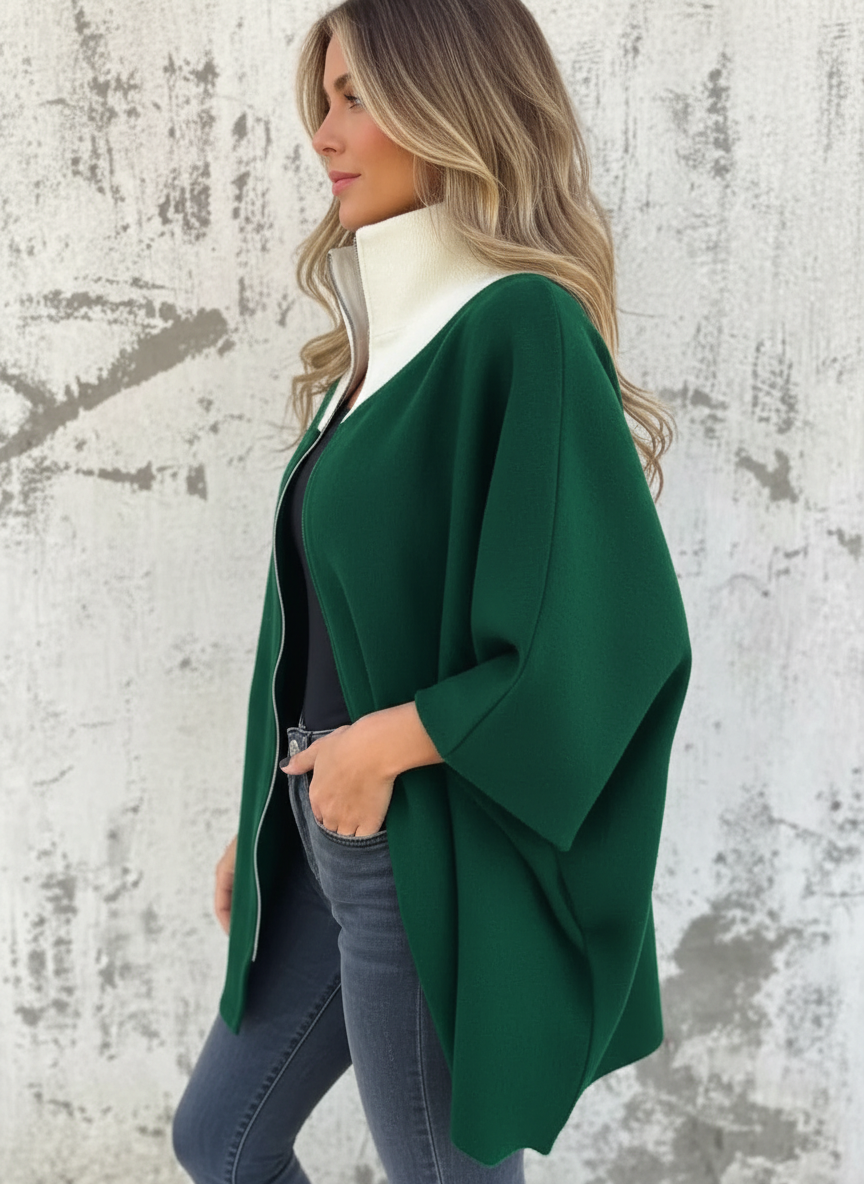 Michaela - Vrouwen Contrasterende Zwarte Kraag Ritsdetail Poncho