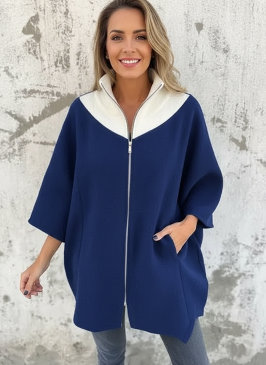 Michaela - Vrouwen Contrasterende Zwarte Kraag Ritsdetail Poncho