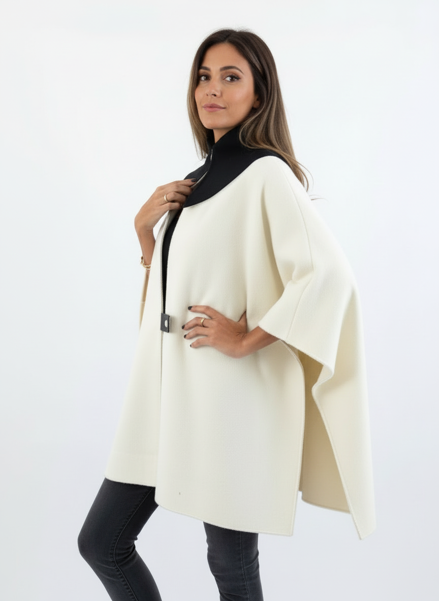 Michaela - Vrouwen Contrasterende Zwarte Kraag Ritsdetail Poncho