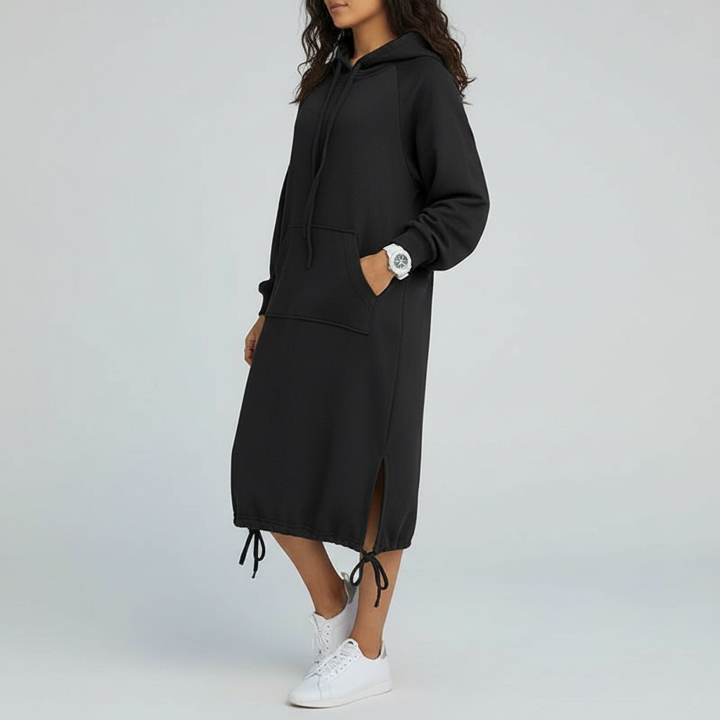 Akira - Dames Hoodie Jurk met Kangoeroezak en Trekkoord Capuchon