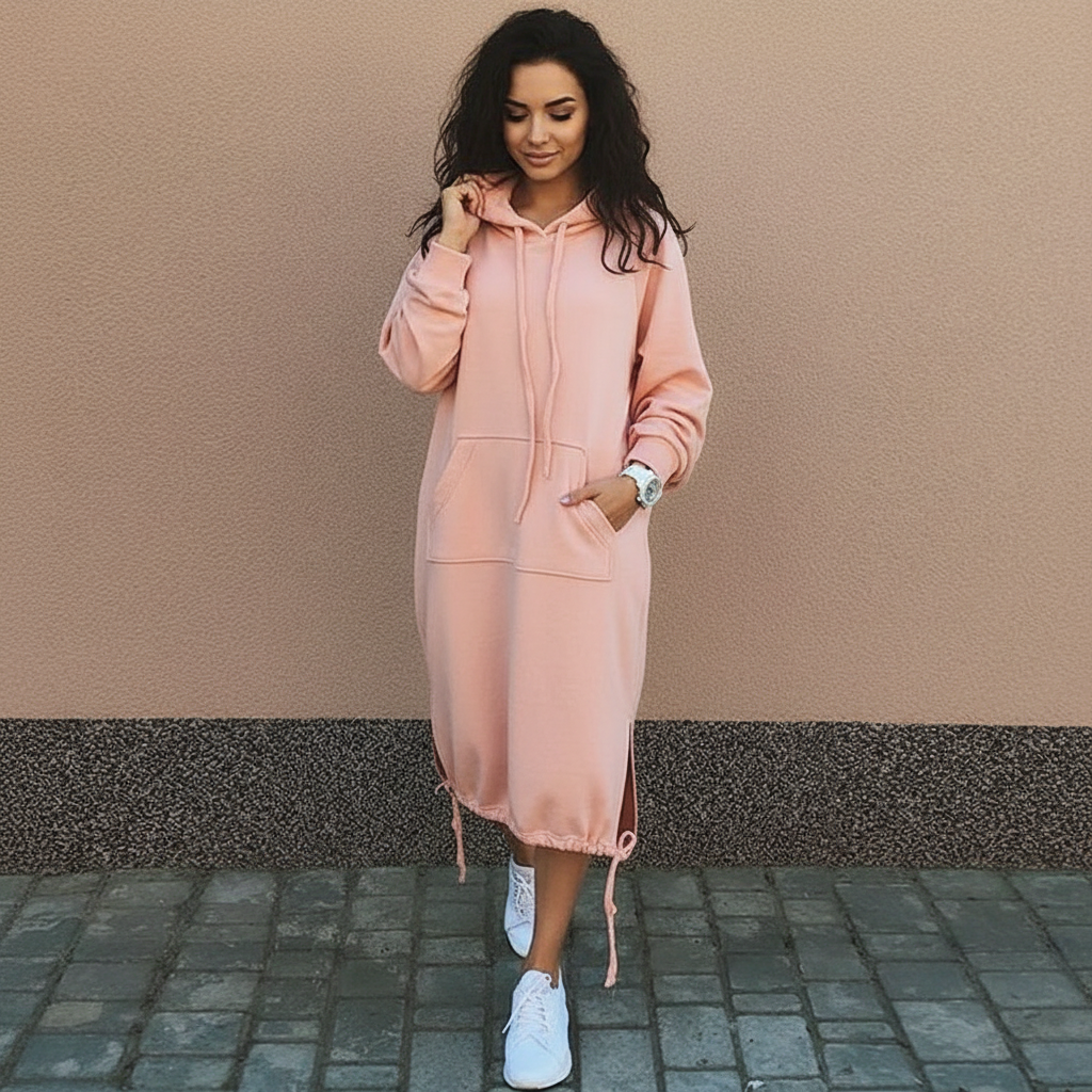 Akira - Dames Hoodie Jurk met Kangoeroezak en Trekkoord Capuchon