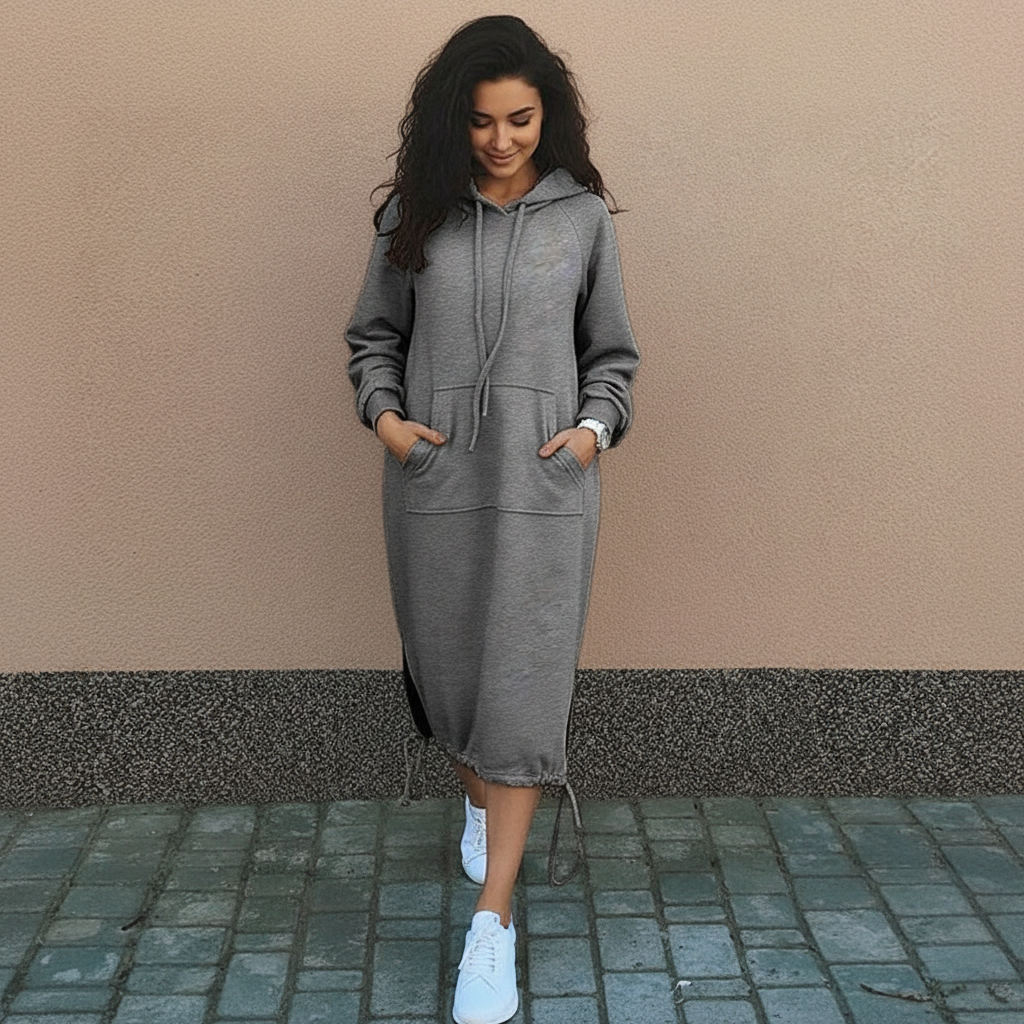 Akira - Dames Hoodie Jurk met Kangoeroezak en Trekkoord Capuchon