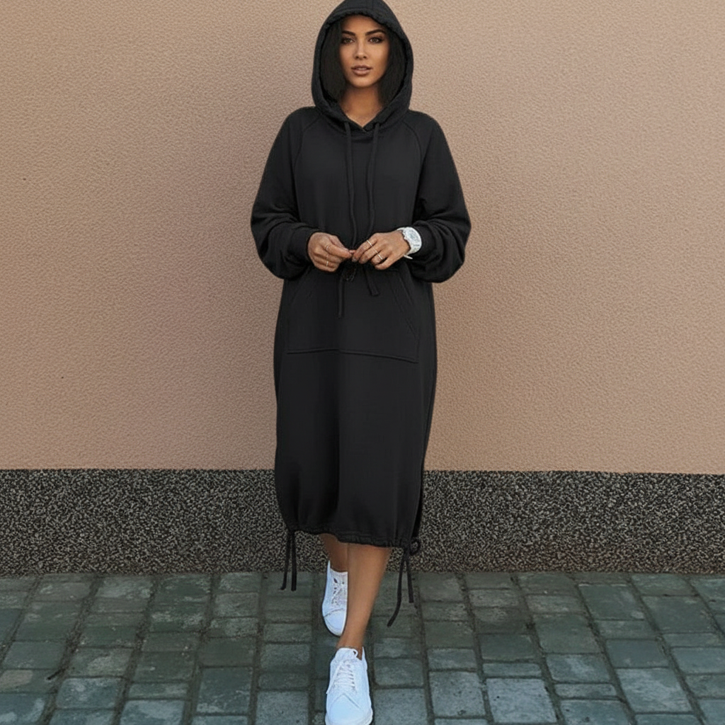 Akira - Dames Hoodie Jurk met Kangoeroezak en Trekkoord Capuchon