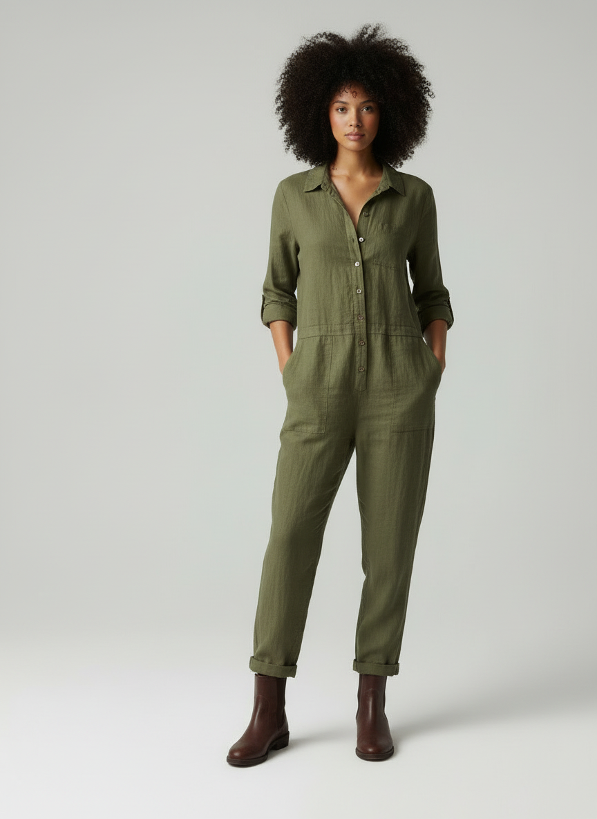 Oliva - Vrouwen Jumpsuit met Knoopsluiting en Borstzakken