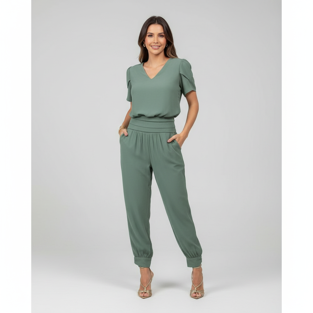 Norine - Vrouwen Jumpsuit met V-hals, Pofmouwen en Getailleerde Taille