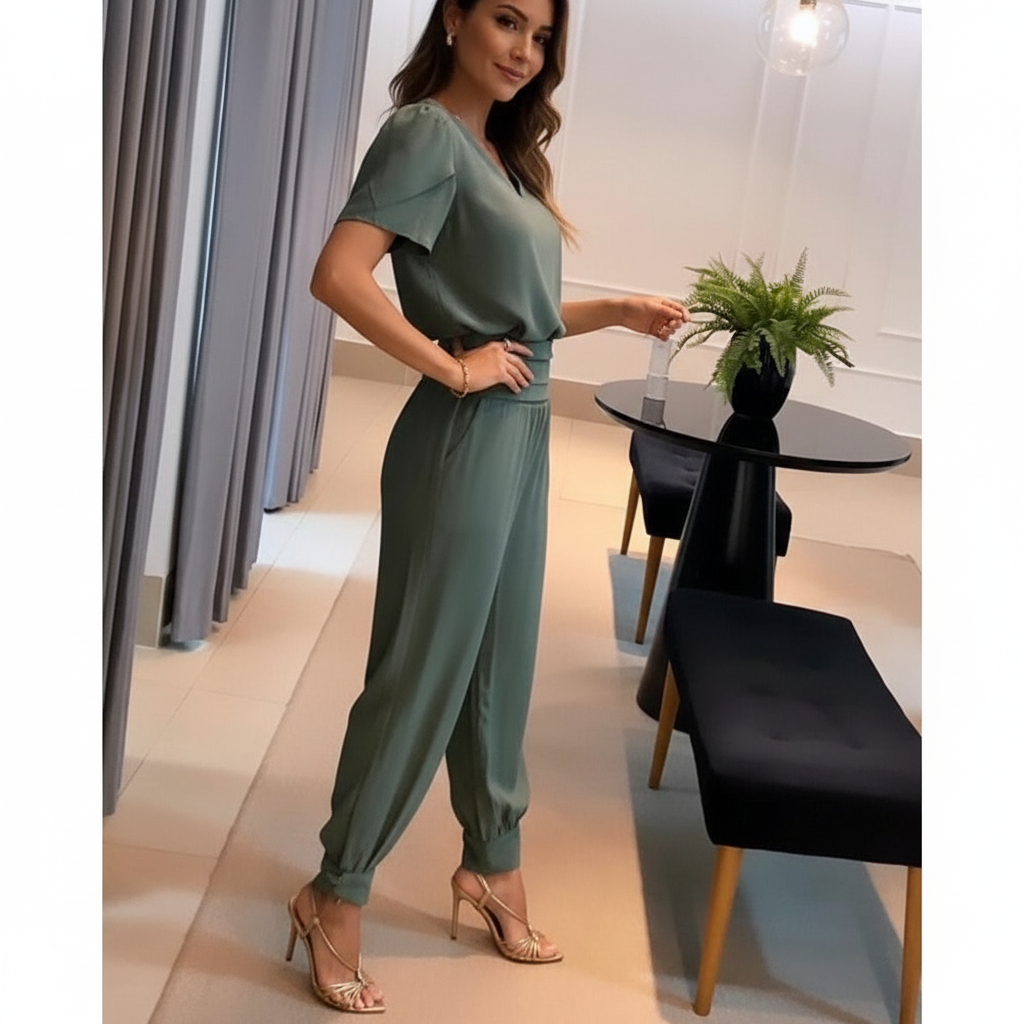 Norine - Vrouwen Jumpsuit met V-hals, Pofmouwen en Getailleerde Taille
