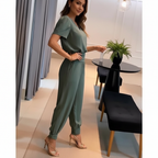 Norine - Vrouwen Jumpsuit met V-hals, Pofmouwen en Getailleerde Taille