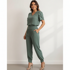 Norine - Vrouwen Jumpsuit met V-hals, Pofmouwen en Getailleerde Taille