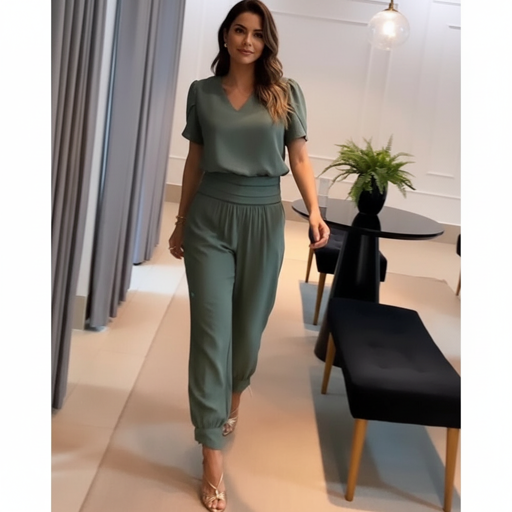 Norine - Vrouwen Jumpsuit met V-hals, Pofmouwen en Getailleerde Taille