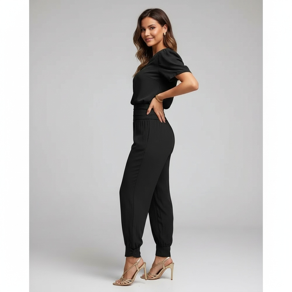 Norine - Vrouwen Jumpsuit met V-hals, Pofmouwen en Getailleerde Taille