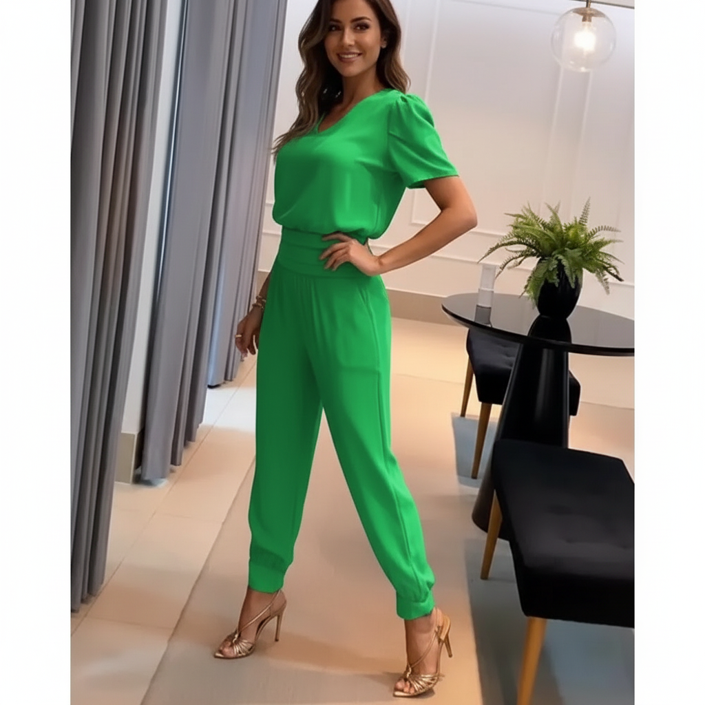 Norine - Vrouwen Jumpsuit met V-hals, Pofmouwen en Getailleerde Taille