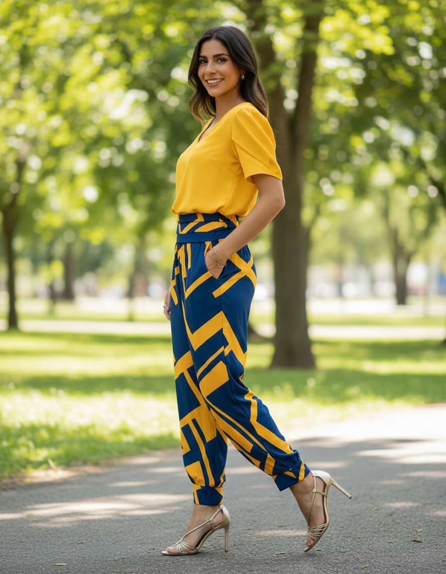 Norine - Vrouwen Jumpsuit met V-hals, Pofmouwen en Getailleerde Taille
