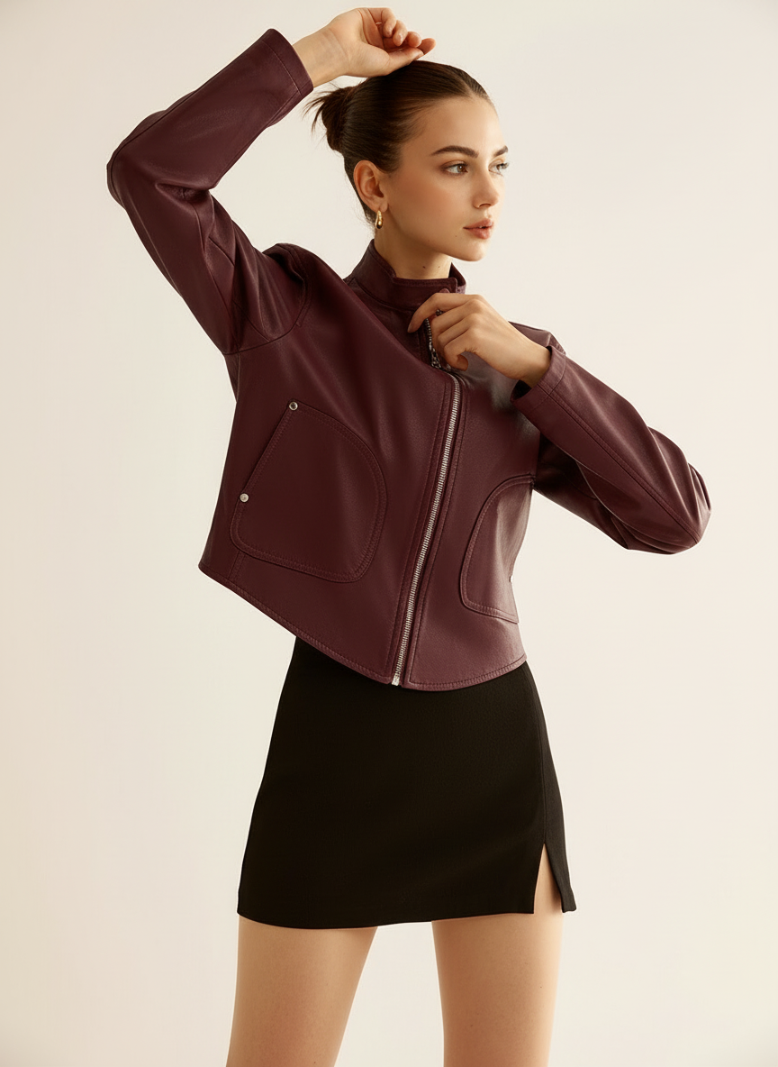 Rori - Vrouwen Cropped faux leren design met opstaande kraag Jas