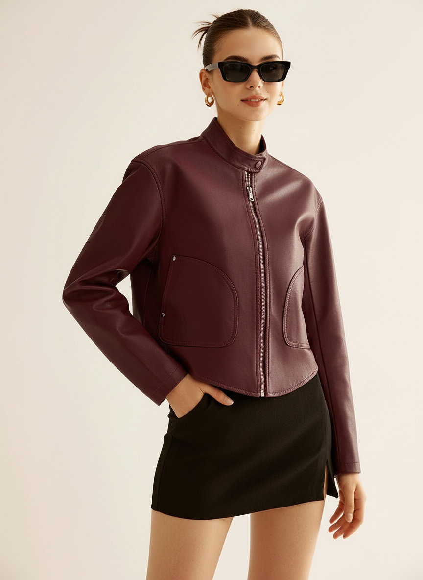 Rori - Vrouwen Cropped faux leren design met opstaande kraag Jas
