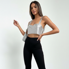 Jerrica - Glanzende Metallic Gaas Cropped Top voor Vrouwen