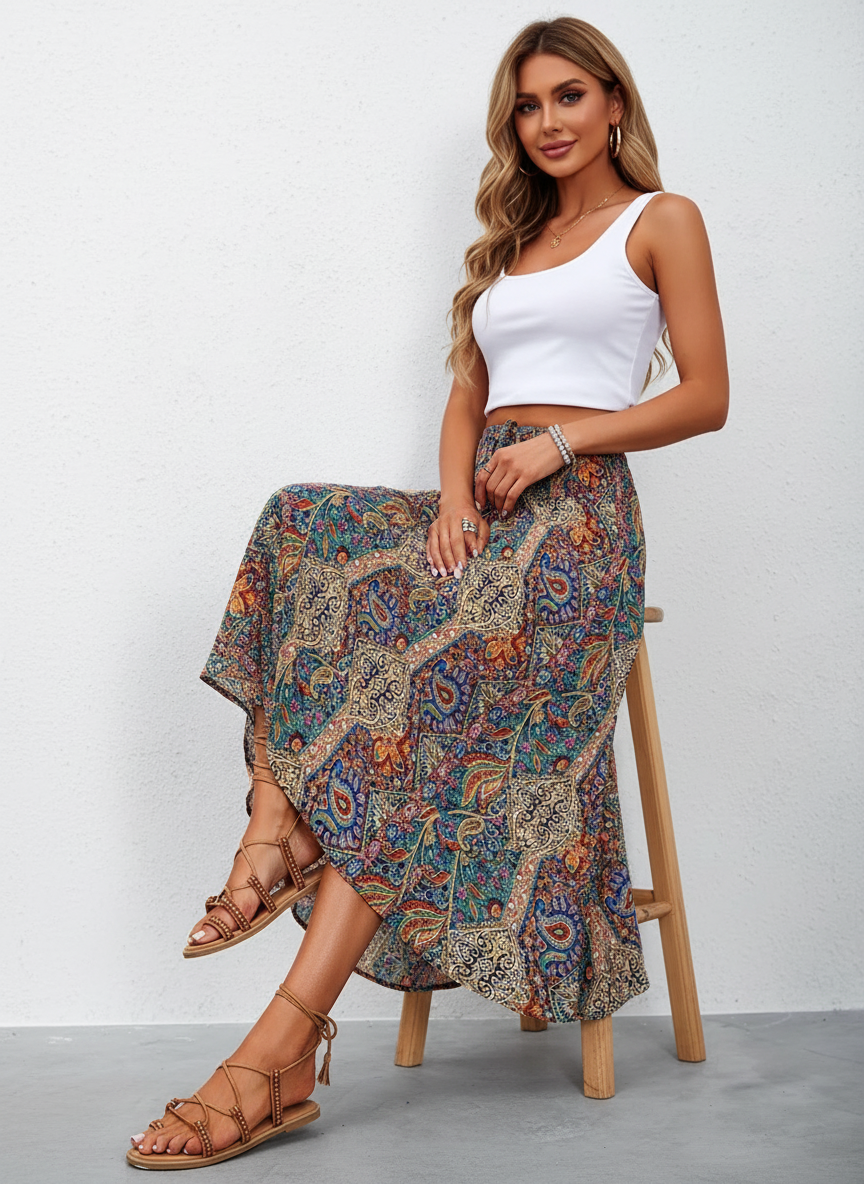 Clarisa - Dames Bohemian Paisley Print met Asymmetrische Zoom Maxi Rok
