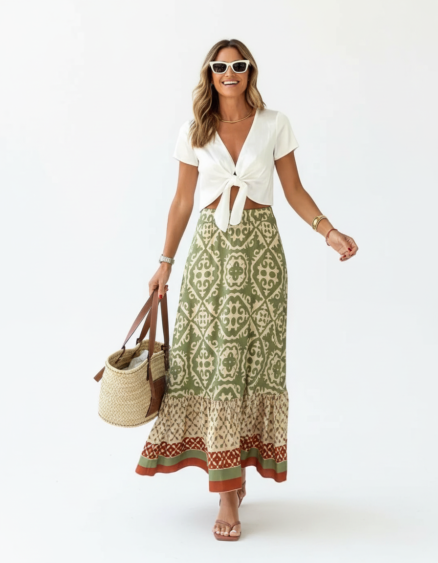 Terra - Dames Gelaagd met Ruches & Geometrische Print Maxirok