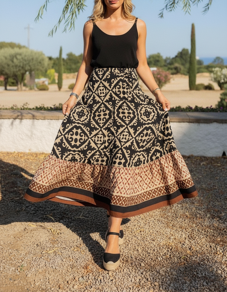 Terra - Dames Gelaagd met Ruches & Geometrische Print Maxirok
