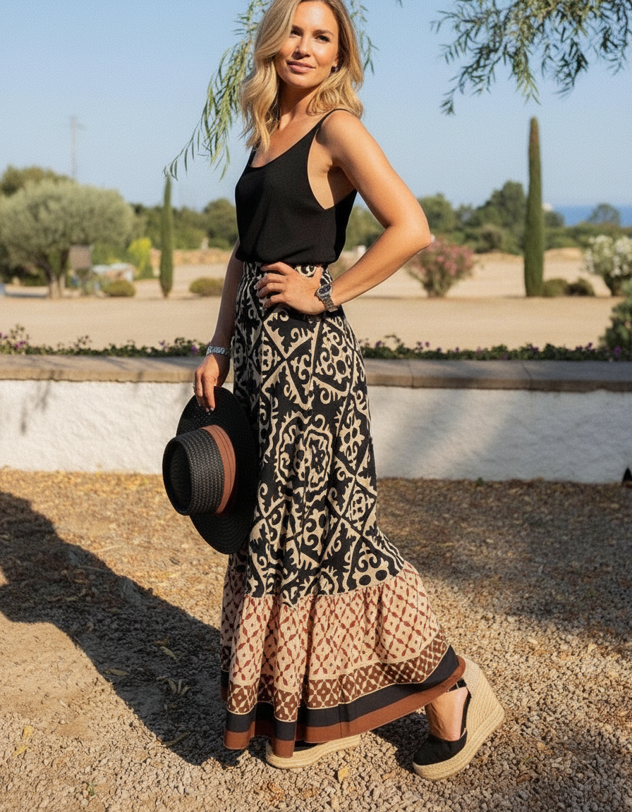 Terra - Dames Gelaagd met Ruches & Geometrische Print Maxirok