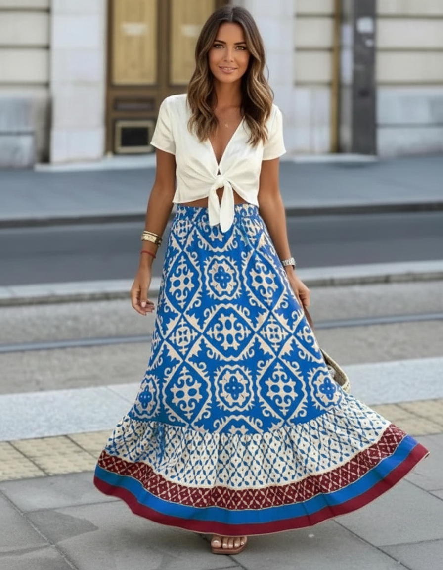 Terra - Dames Gelaagd met Ruches & Geometrische Print Maxirok