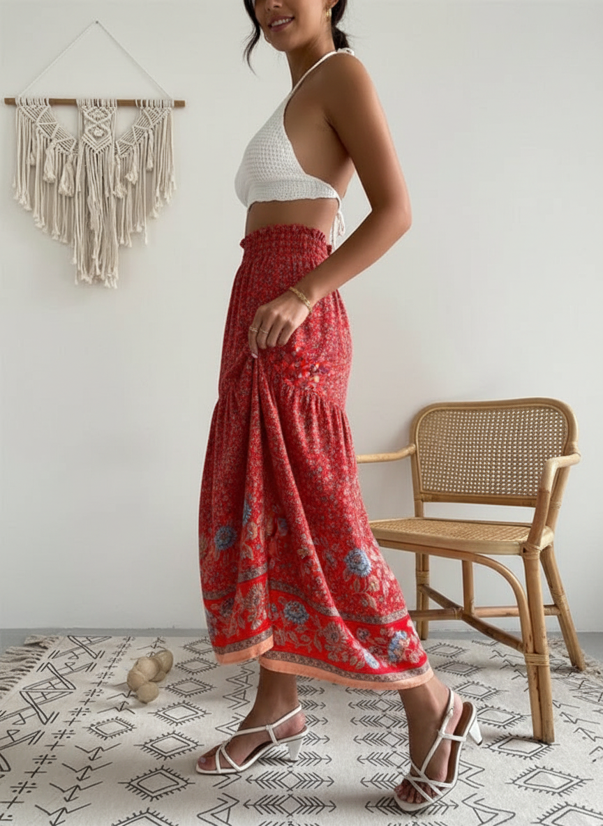 Johnna - Dames Maxi Rok met Gelaagd Ontwerp en Kwastjes Trekkoord Taille