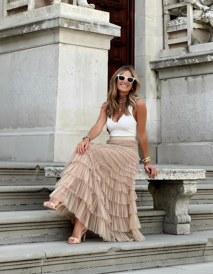 Jacquelin - Dames Maxi Rok met Gelaagd Ruffle Ontwerp