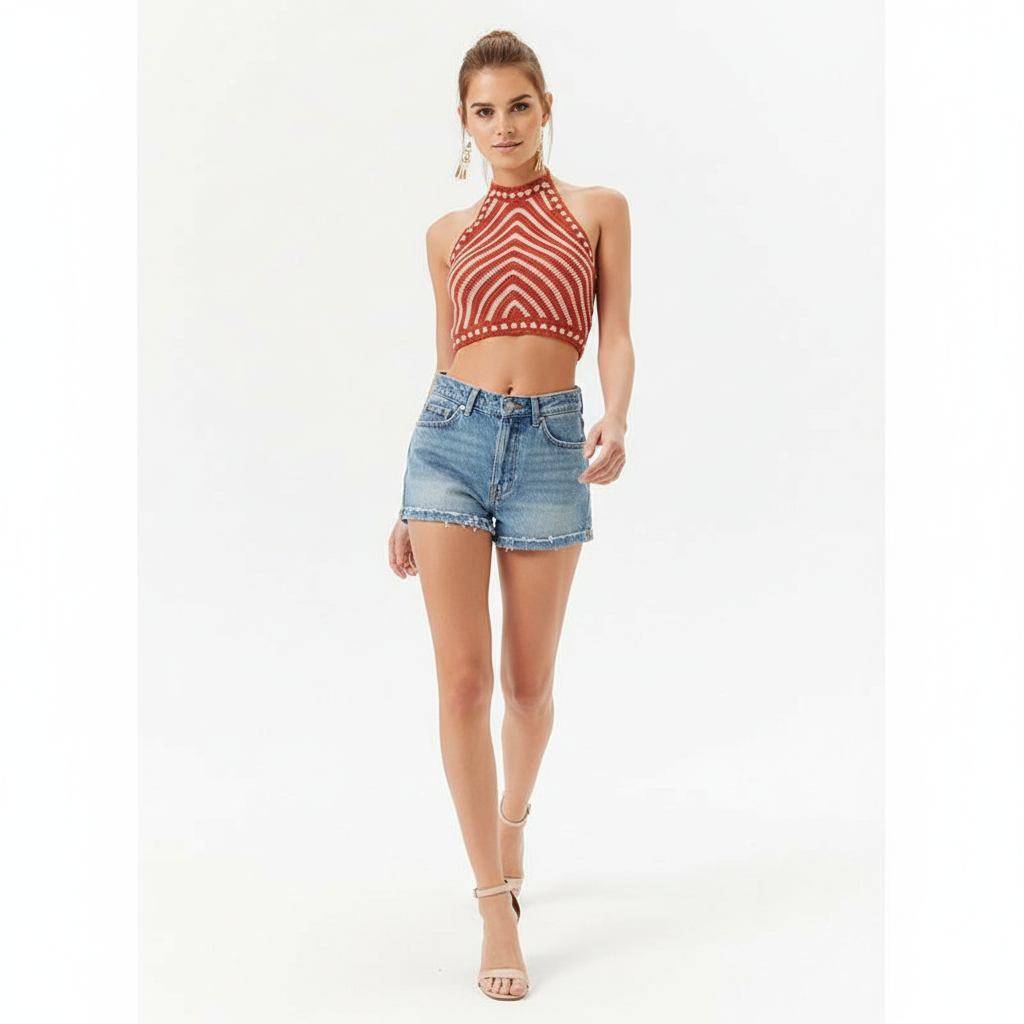 Tamatha - Dames Halternek en chevron streep Croptop