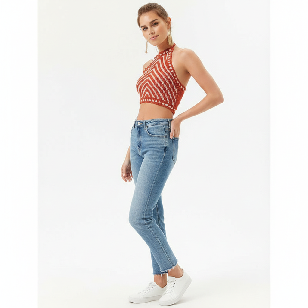 Tamatha - Dames Halternek en chevron streep Croptop
