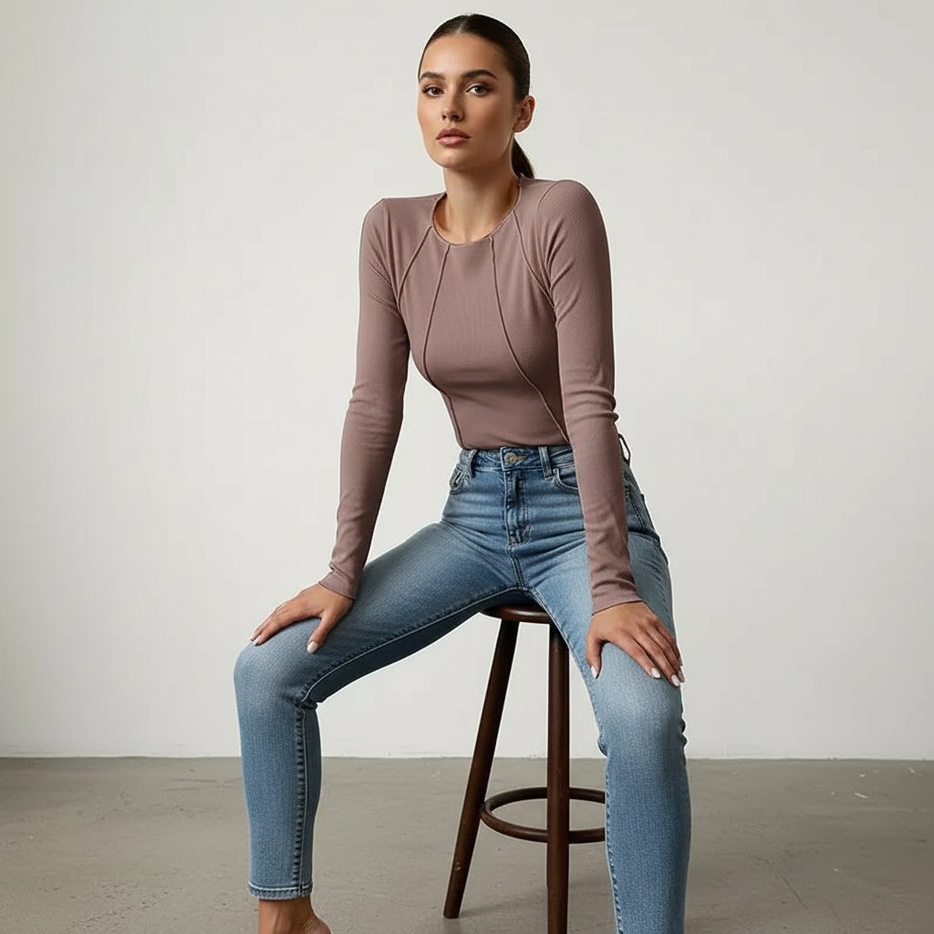 Elinore - Dames Top met Unieke Naaddetails en Lange Mouwen