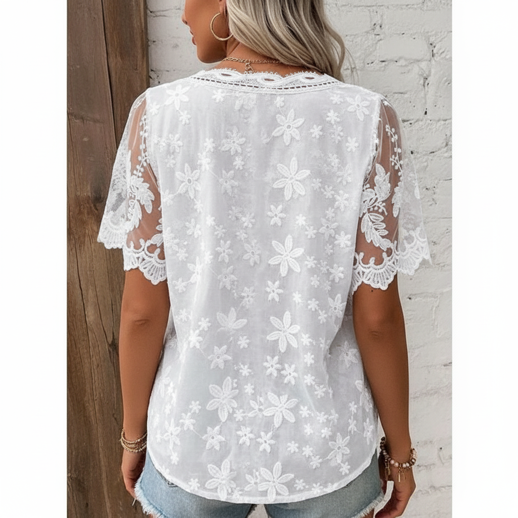 Verna - Dames Geborduurde Bloemen & Kanten Mouwen Top