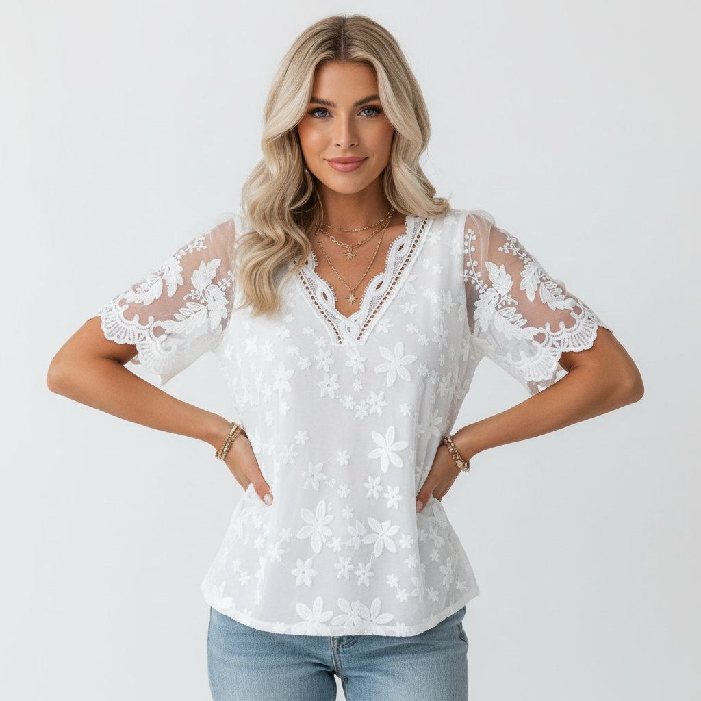 Verna - Dames Geborduurde Bloemen & Kanten Mouwen Top
