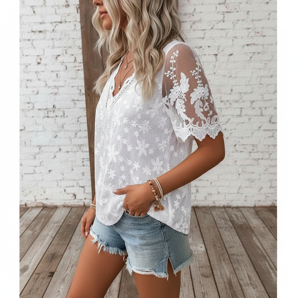 Verna - Dames Geborduurde Bloemen & Kanten Mouwen Top