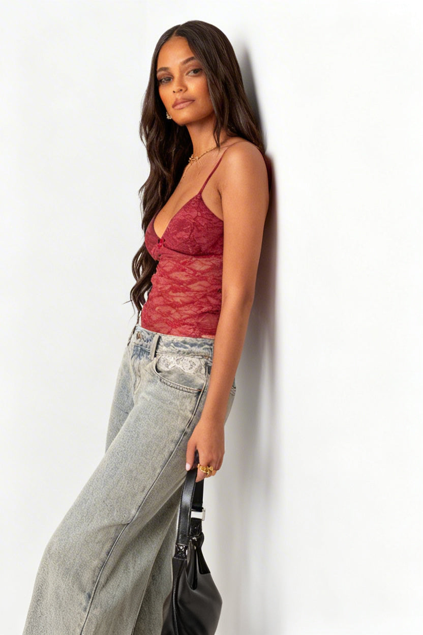 Jala - Dames Kanten Overlay Cami Top met Strikdetail