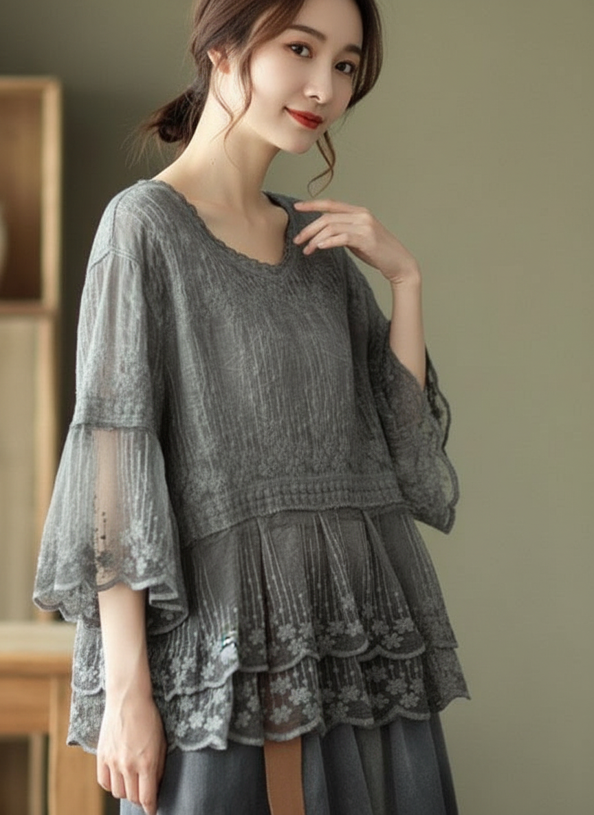 Candra - Women Tiered lace ruffles with floral embroidery Blouse