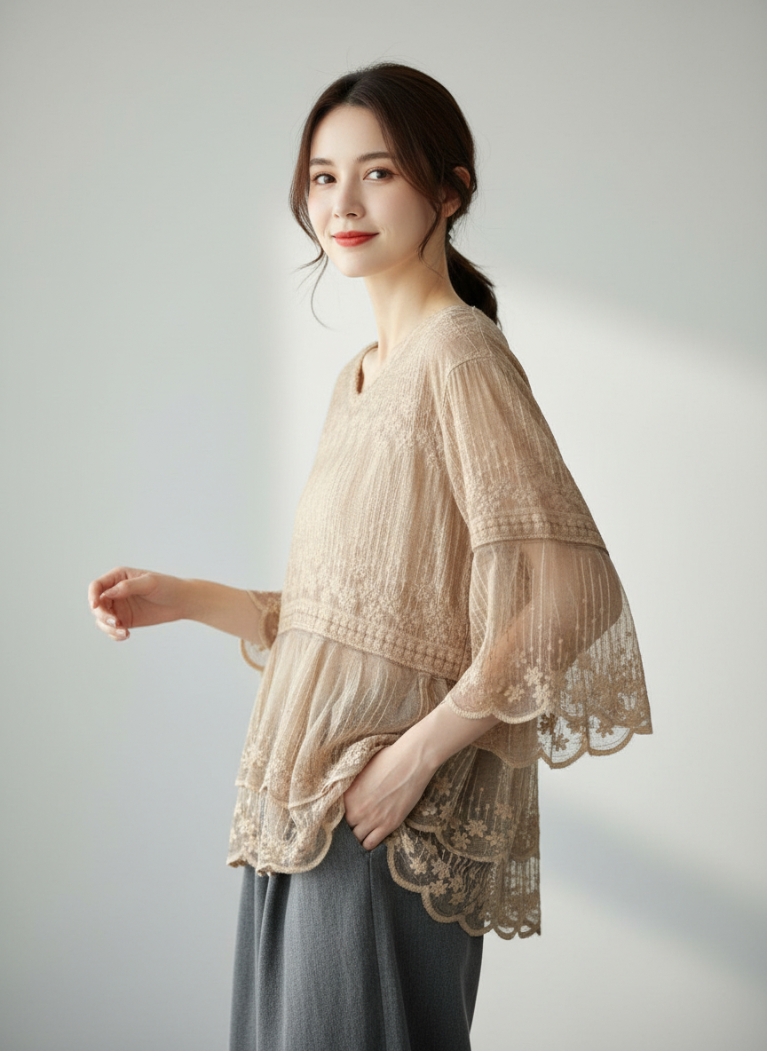 Candra - Women Tiered lace ruffles with floral embroidery Blouse