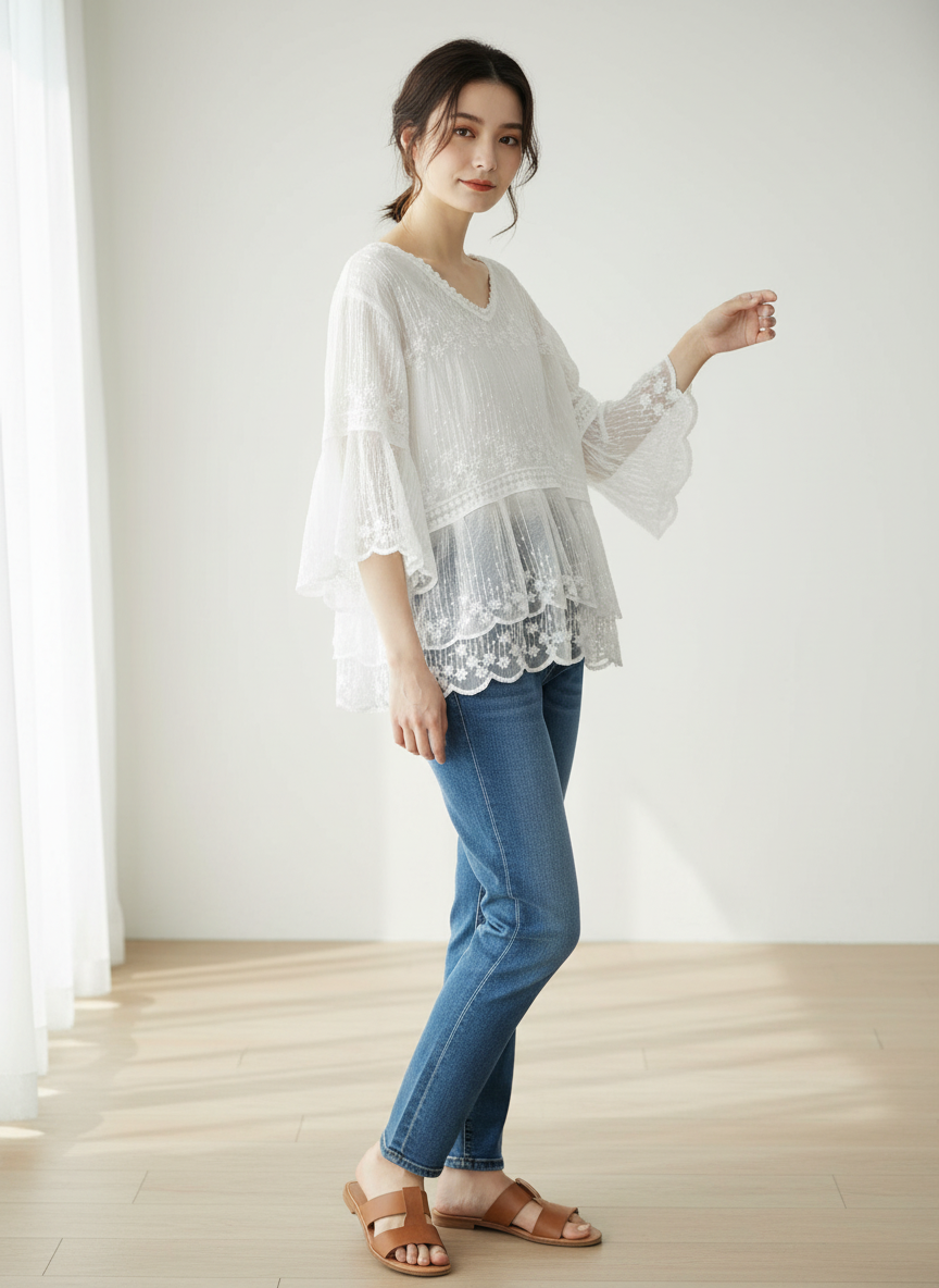 Candra - Women Tiered lace ruffles with floral embroidery Blouse