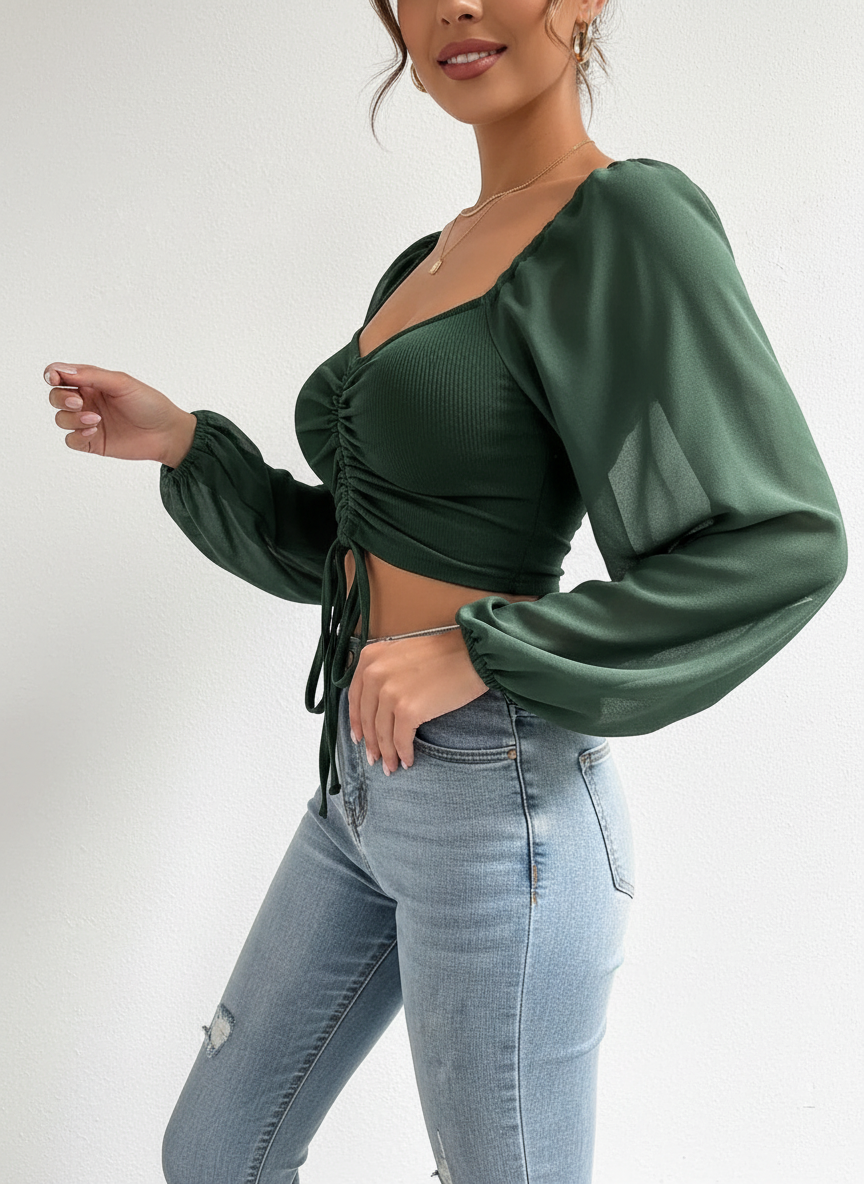 Lennon - Modieuze Dames Gecrunchte Voorkant & Transparante Mouwen Crop Top