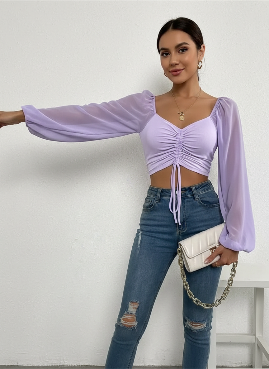 Lennon - Modieuze Dames Gecrunchte Voorkant & Transparante Mouwen Crop Top